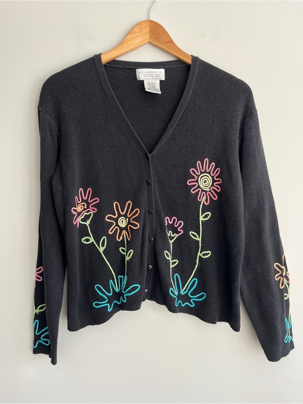 Mandal Bay Vintage Black V-Neck Cardigan with Colorful Floral Embroidery Medium